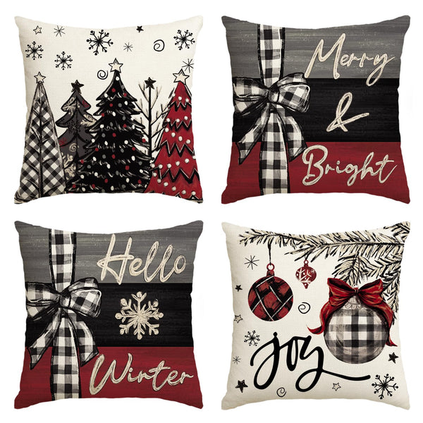 Merry Christmas Joy Xmas Trees Red Throw Pillow Covers, 18 x 18 Inch, Set of 4