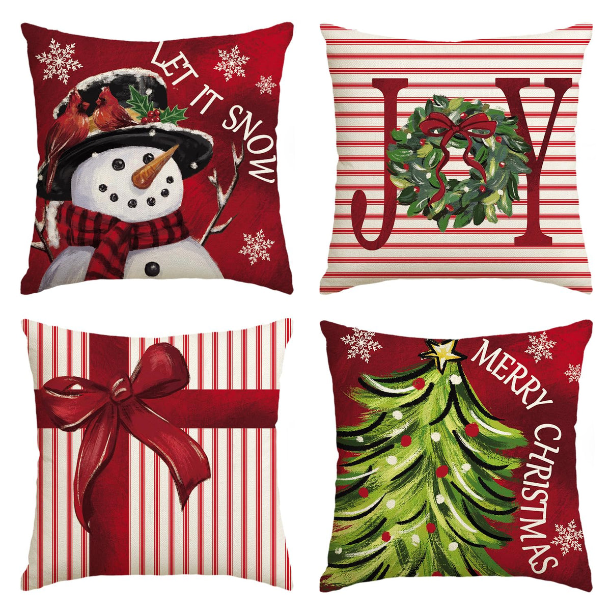 Soft Polyester Merry Christmas Let It Snow Joy Stripes Gift Box Red Throw Pillow Covers