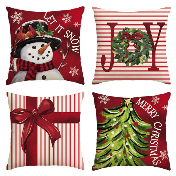 Soft Polyester Merry Christmas Let It Snow Joy Stripes Gift Box Red Throw Pillow Covers