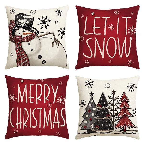 Merry Christmas Snowman Let It Snow Throw Pillow Covers, 18 x 18 Inch Xmas Tree Winter