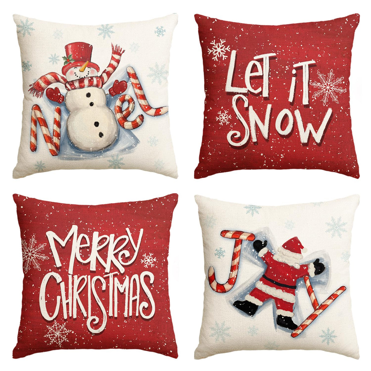 Merry Christmas Snowman Santa Claus Candy Cane Snowflake Throw Pillow Cover, 18 x 18 Inch
