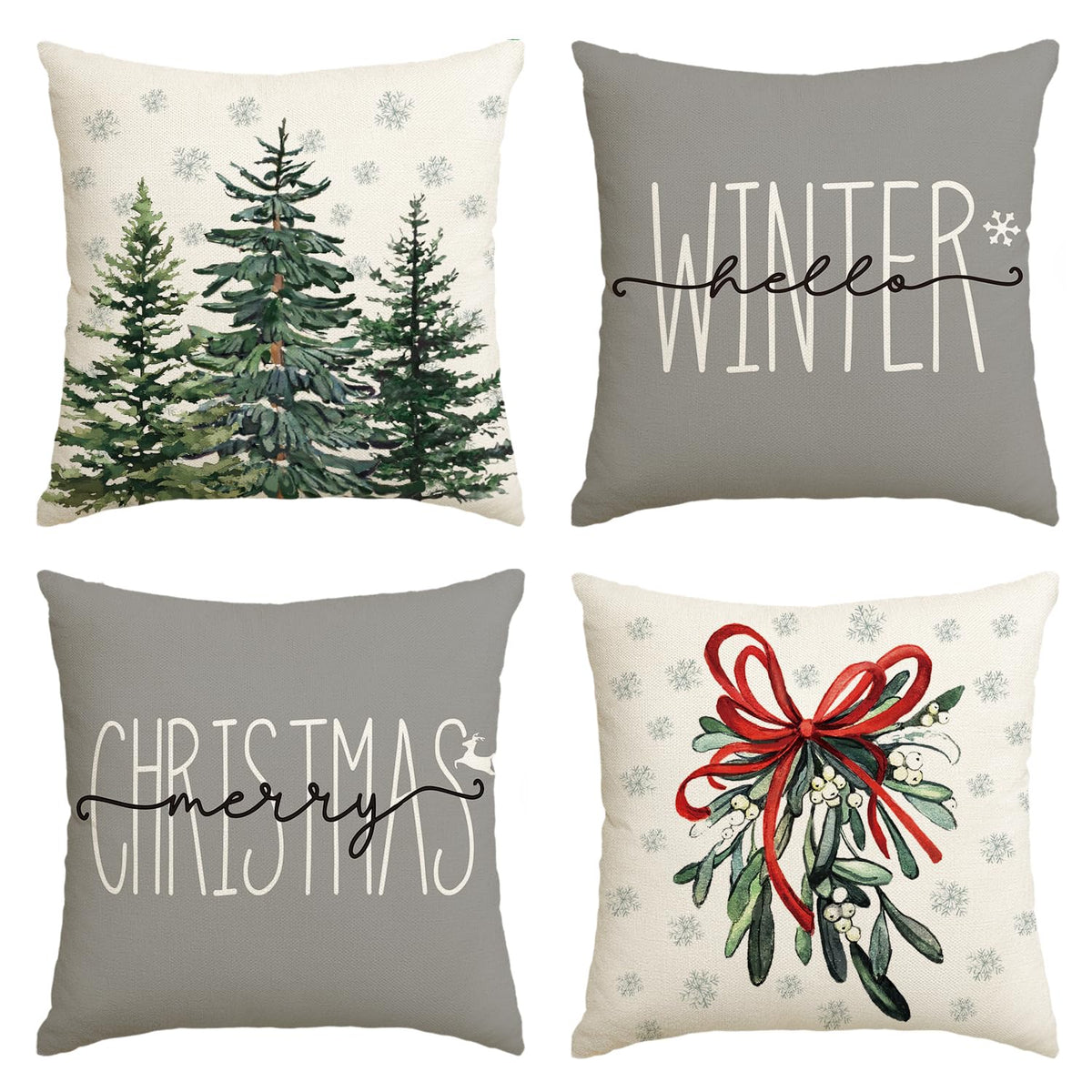 Merry Christmas Tree Hello Winter Throw Pillow Covers, 18 x 18 Inch Mistletoe Pine Spruce Holiday Cushion Case
