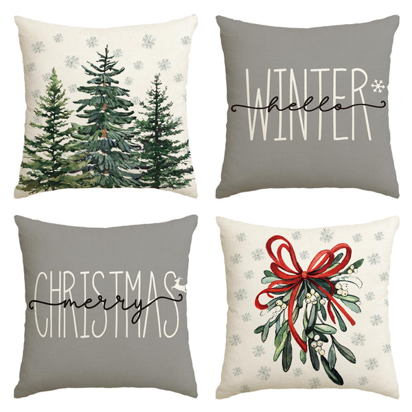 Merry Christmas Tree Hello Winter Throw Pillow Covers, 18 x 18 Inch Mistletoe Pine Spruce