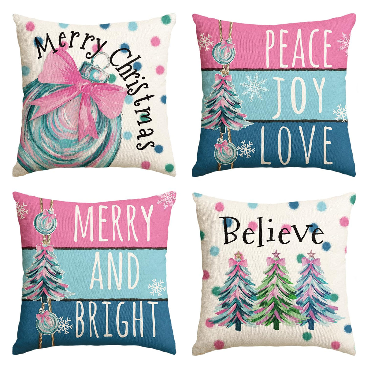 Merry Christmas Trees Balls Peace Joy Love Throw Pillow Covers, 18 x 18 Inch Merry and Bright Believe Pink Blue