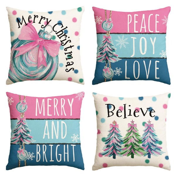 Merry Christmas Trees Balls Peace Joy Love Throw Pillow Covers, 18 x 18 Inch Merry and Bright Believe Pink Blue