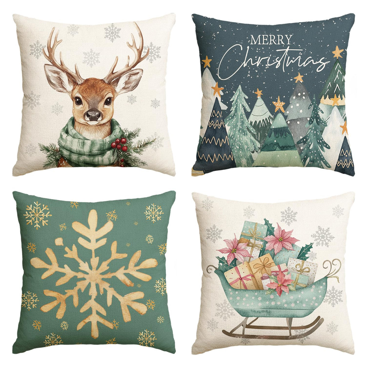 Merry Christmas Trees Reindeer Snowflake Throw Pillow Covers, 18 x 18 Inch Sleigh