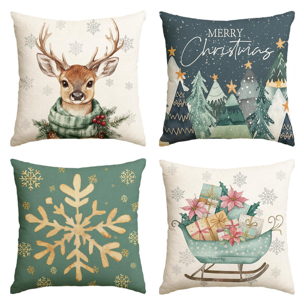Merry Christmas Trees Reindeer Snowflake Throw Pillow Covers, 18 x 18 Inch Sleigh
