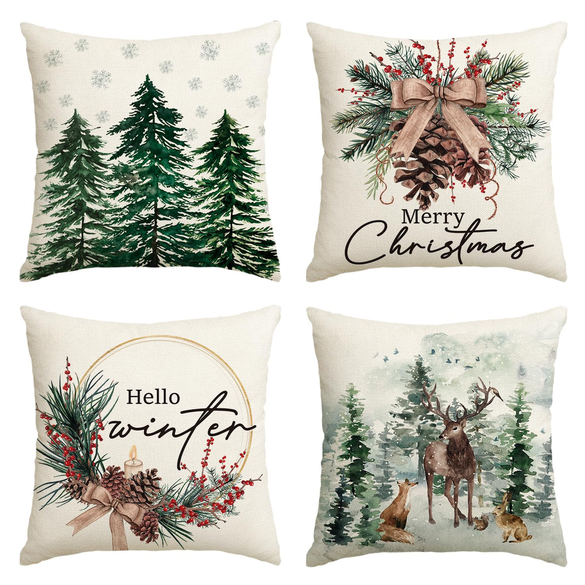 Set of 4 Merry Christmas Trees Reindeer Snowflake Throw Pillow Covers, 18 x 18 Inch Xmas Red Berries Hello Winter