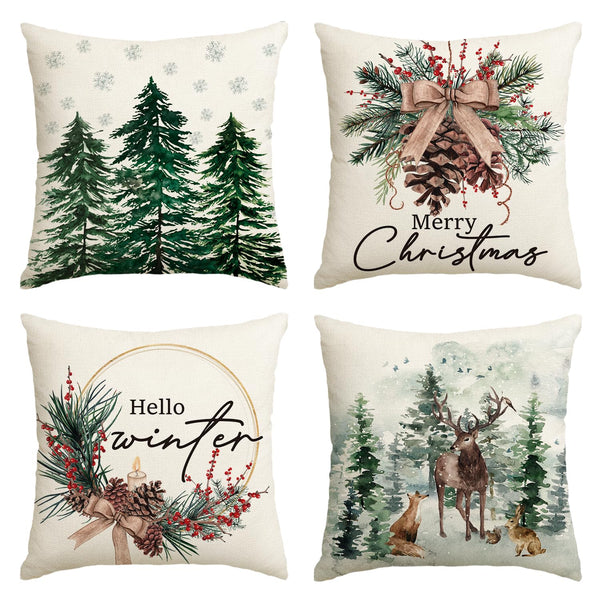 Set of 4 Merry Christmas Trees Reindeer Snowflake Throw Pillow Covers, 18 x 18 Inch Xmas Red Berries Hello Winter