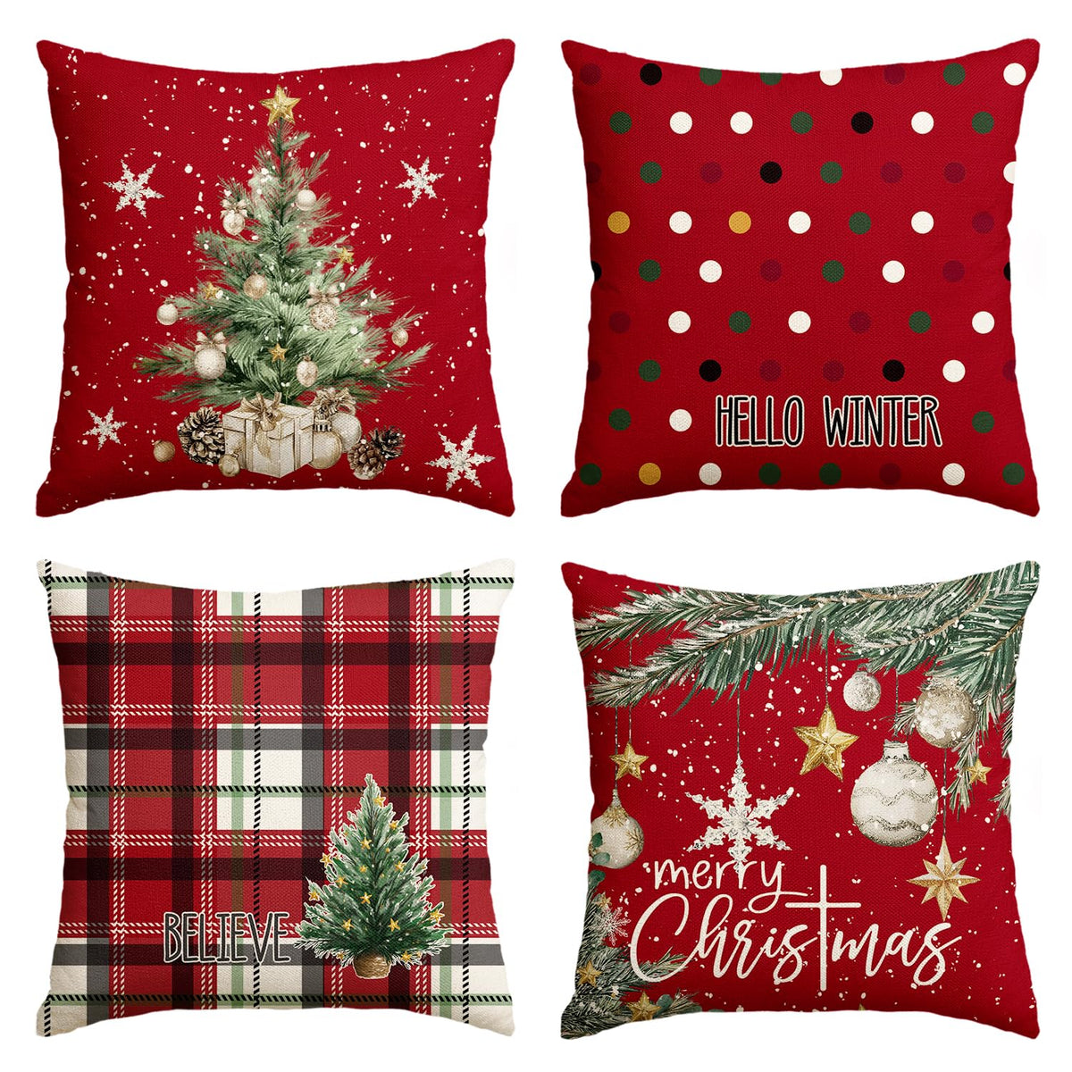 Merry Christmas Trees Snowflake Star Throw Pillow Covers, 18 x 18 Inch Xmas Balls Red Polka Dot Plaid Seasonal Hello