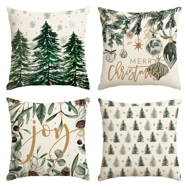 Set of 4 Merry Christmas Trees Snowflake Throw Pillow Covers, 18 x 18 Inch Joy Xmas Balls Winter Holiday Cushion Case