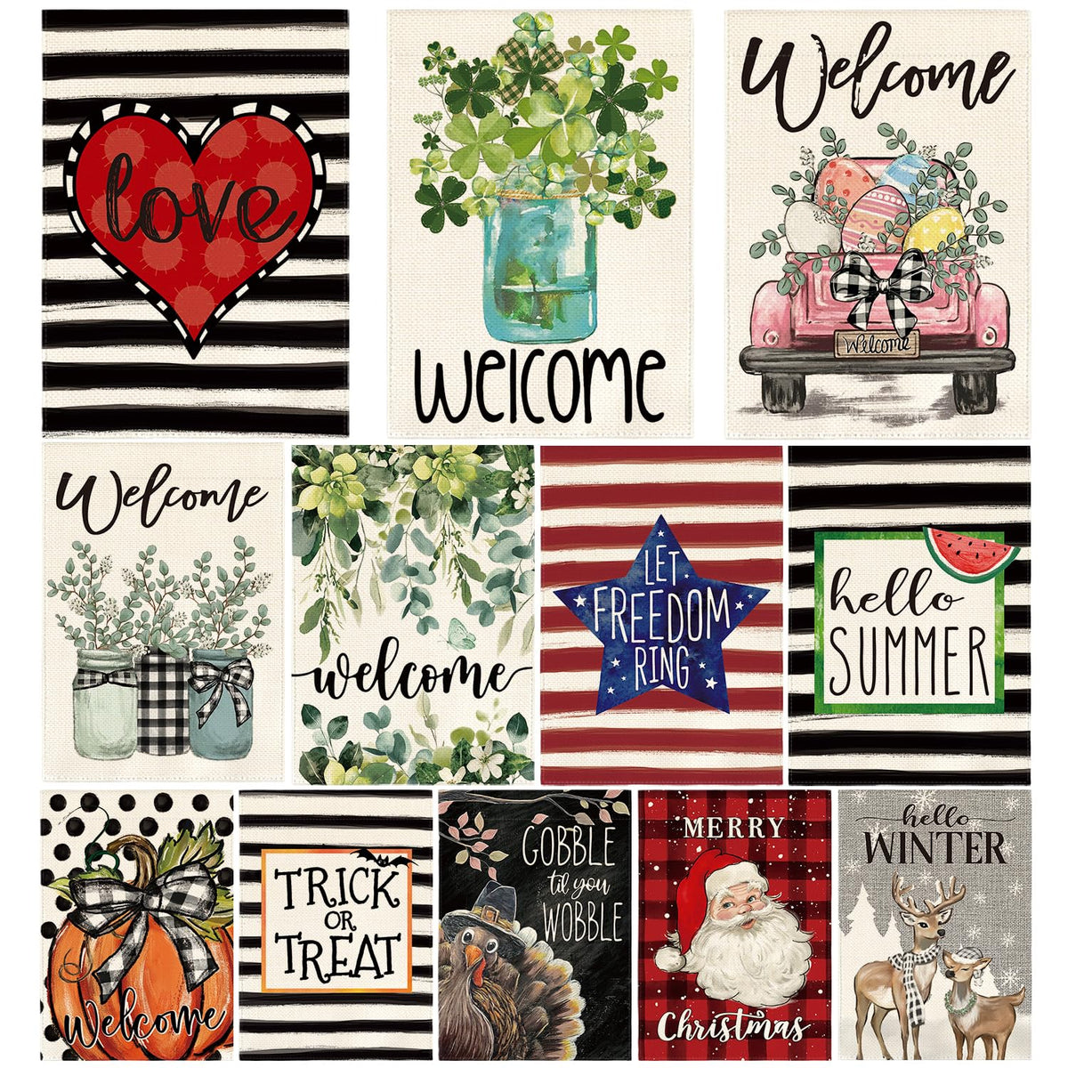 Set of 12, Seasonal Holiday Garden Flag 12x18 Inch Single Sided Outside, Welcome Farmhouse Yard Outdoor Flag