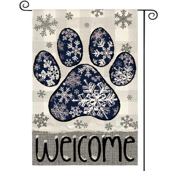 Snowflake Paw Print Winter Garden Flag 12x18 Inch 1 Sided Outside, Buffalo Plaid Welcome