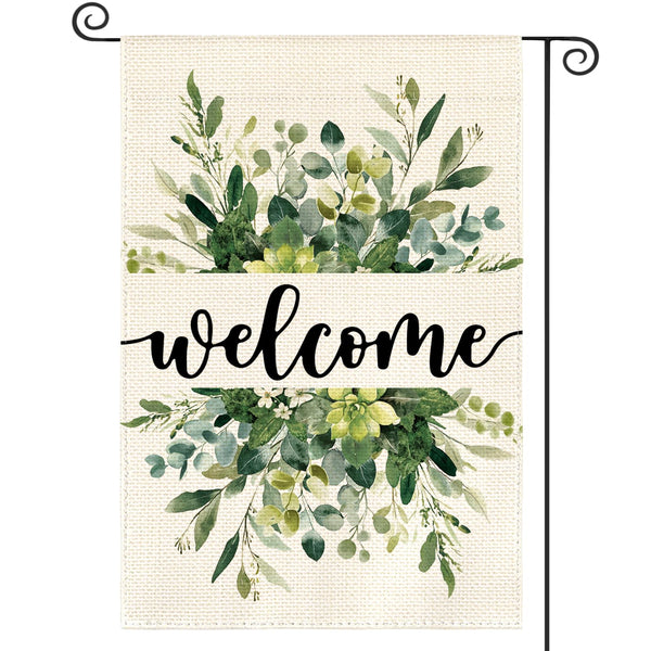 Spring Summer Floral Welcome Garden Flag 12x18 Inch Single Sided Outside, Eucalyptus Seasonal