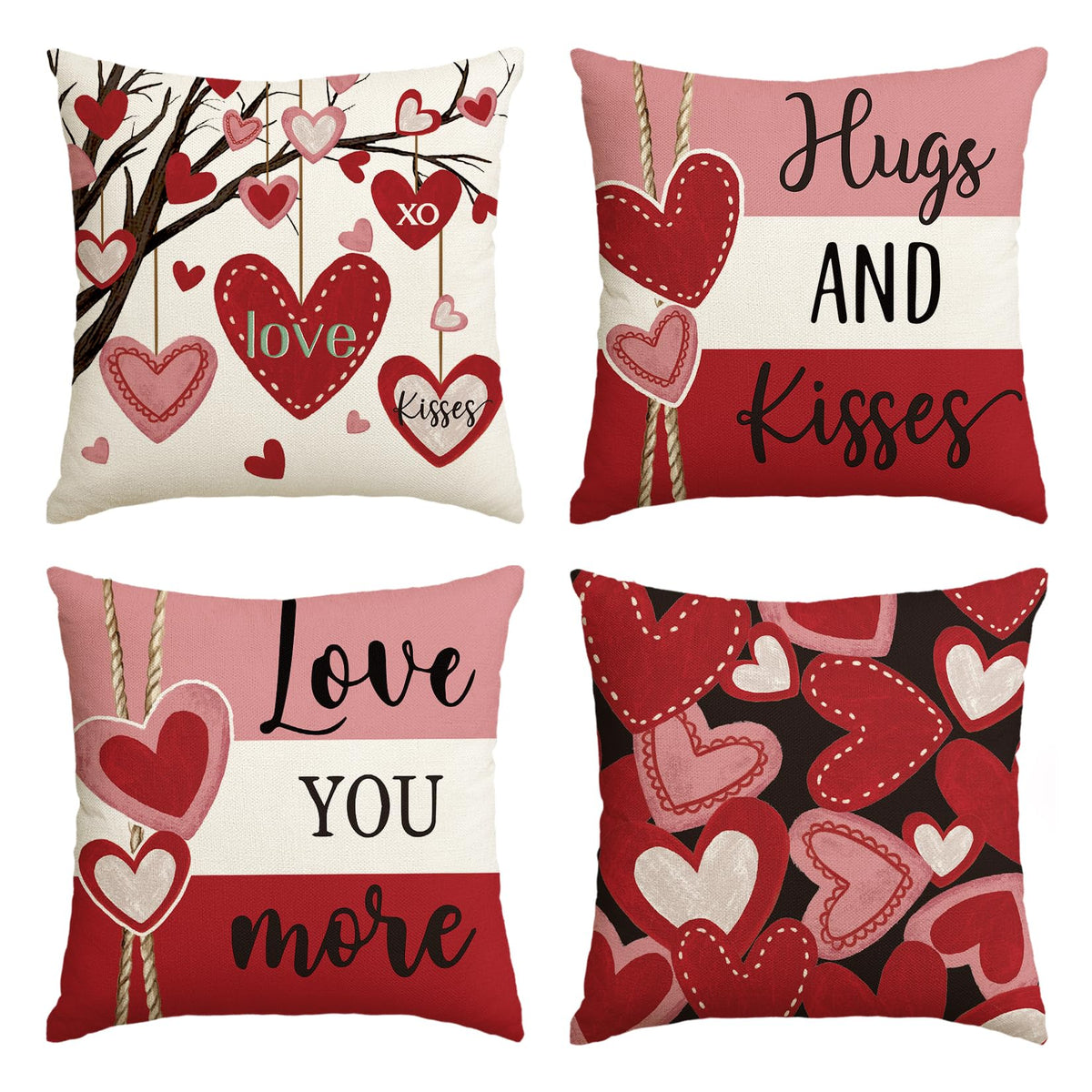 Valentine's Day Hugs and Kisses Love You More Throw Pillow Covers, 18 x 18 Inch Valentine Heart Stripes