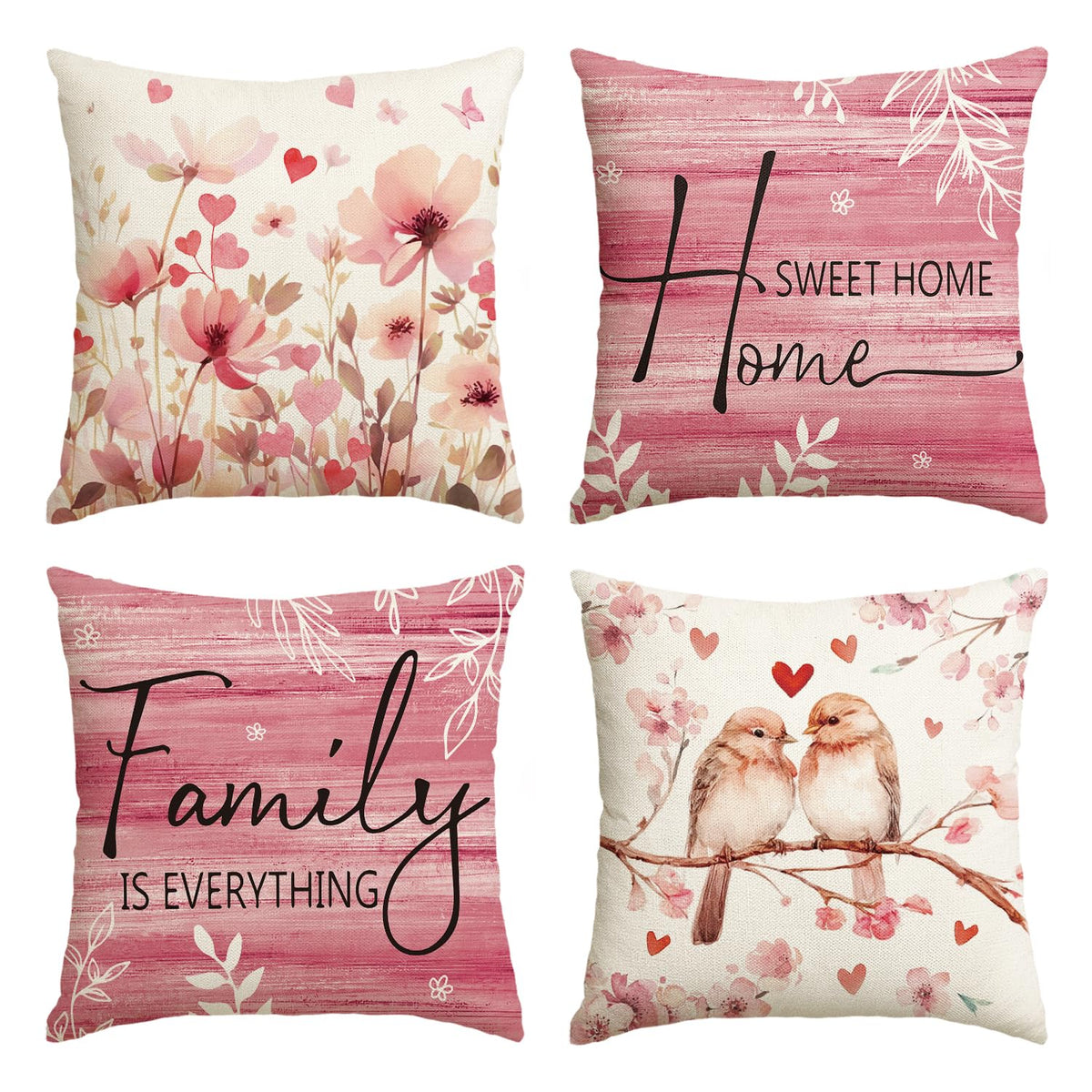 Valentine's Day Poppy Flowers Chickadee Home Sweet Home Throw Pillow Covers, 18 x 18 Pink Family is Everything
