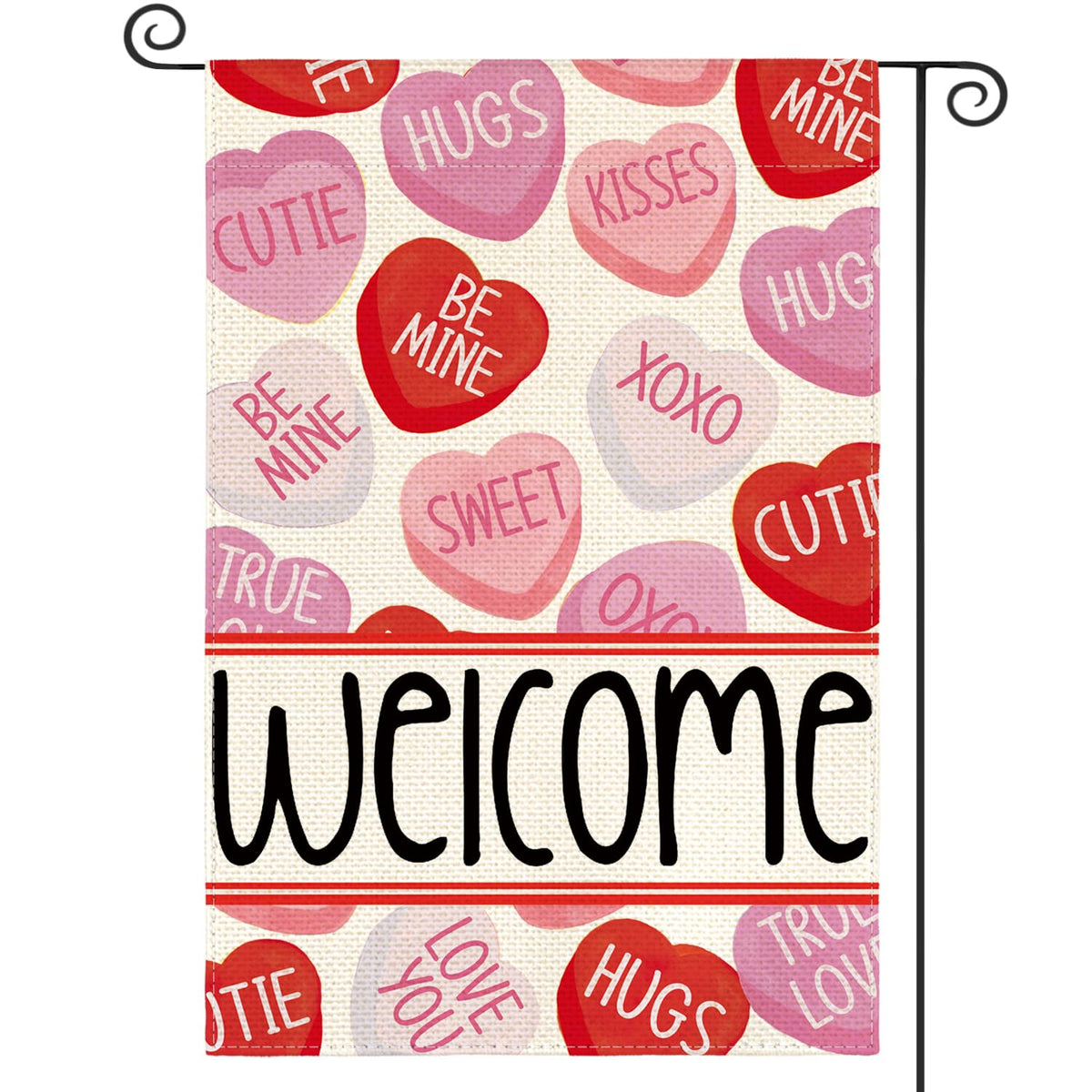 Valentines Day Garden Flag 12x18 Inch 1 Sided Outside, Welcome Candy Love Hearts Anniversary