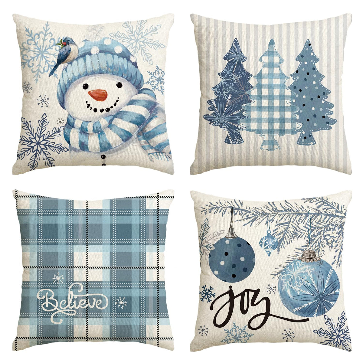 Set of 4 Winter Snowman Joy Snowflake Christmas Throw Pillow Covers, 18 x 18