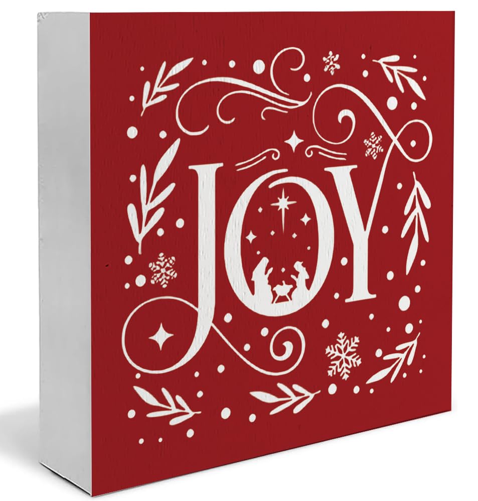Joy Christian Christmas Wooden Box Sign, Farmhouse Red Christmas Snowflake Xmas Wood Sign