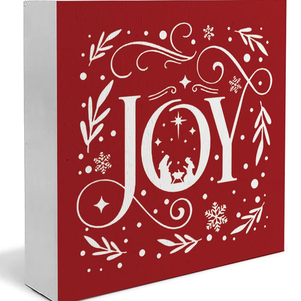 Joy Christian Christmas Wooden Box Sign, Farmhouse Red Christmas Snowflake Xmas Wood Sign