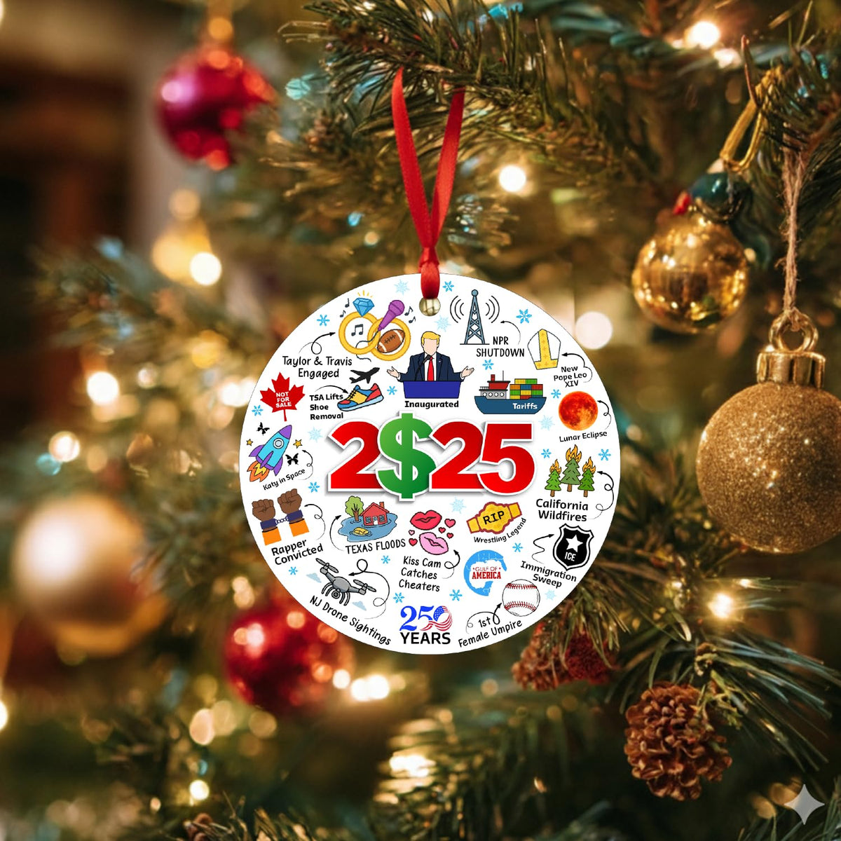 2025 Christmas Ornament, Year in Review Ornament, Funny Hot Topics 2025 Year Remember Keepsake