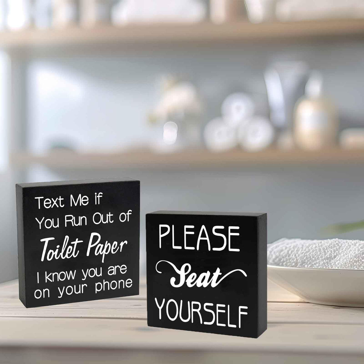 2 PCS Farmhouse Bathroom Signs Decor Wood Box Sign, Rustic Bathroom Wall Art Decor