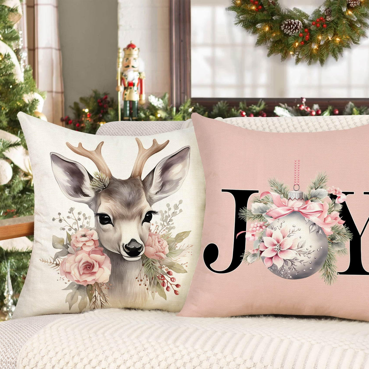 Pink Christmas Pillow Covers 18x18 Set of 4 Farmhouse Xmas Decorations Snowman Deer Joy Floral