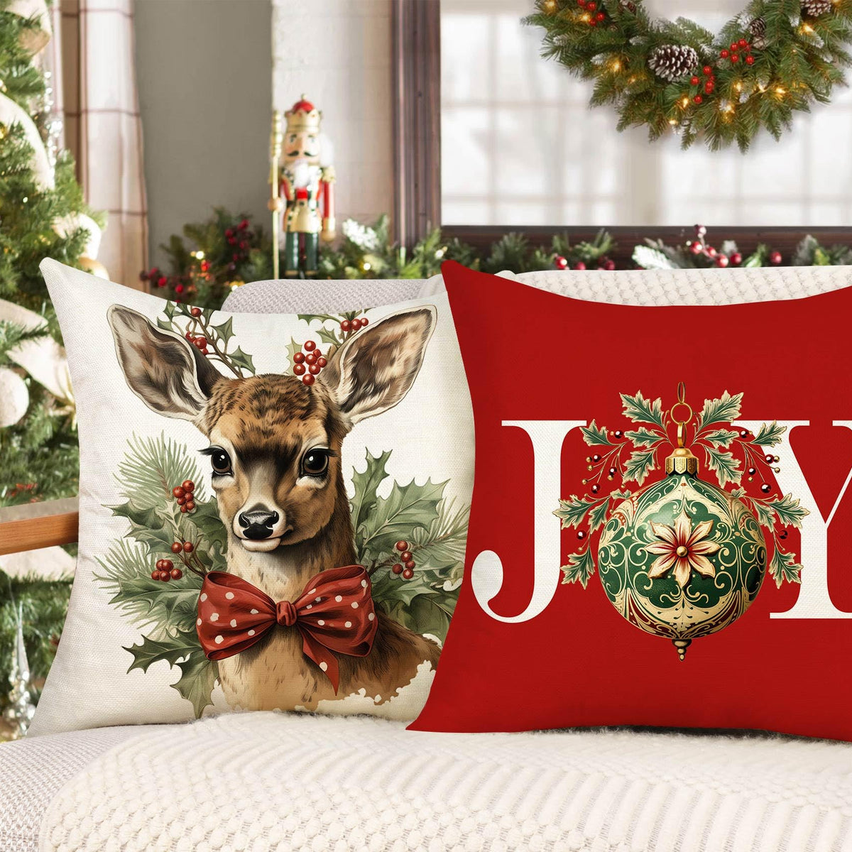 Christmas Pillow Covers 18x18 Set of 4 Red White Xmas Decorations Snowman Deer Joy Winter Holiday Decor
