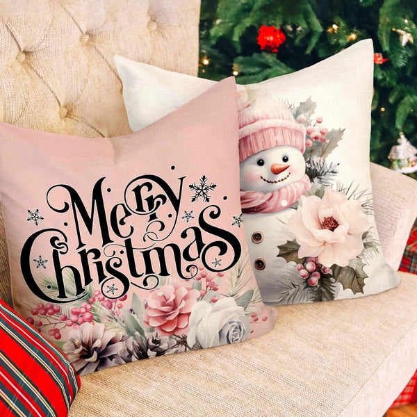 Pink Christmas Pillow Covers 18x18 Set of 4 Farmhouse Xmas Decorations Snowman Deer Joy Floral