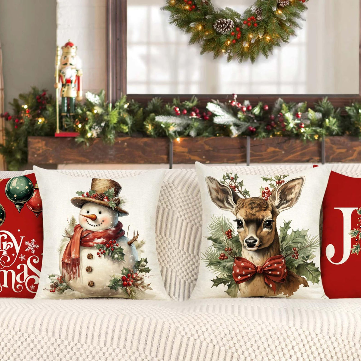 Christmas Pillow Covers 18x18 Set of 4 Red White Xmas Decorations Snowman Deer Joy Winter Holiday Decor