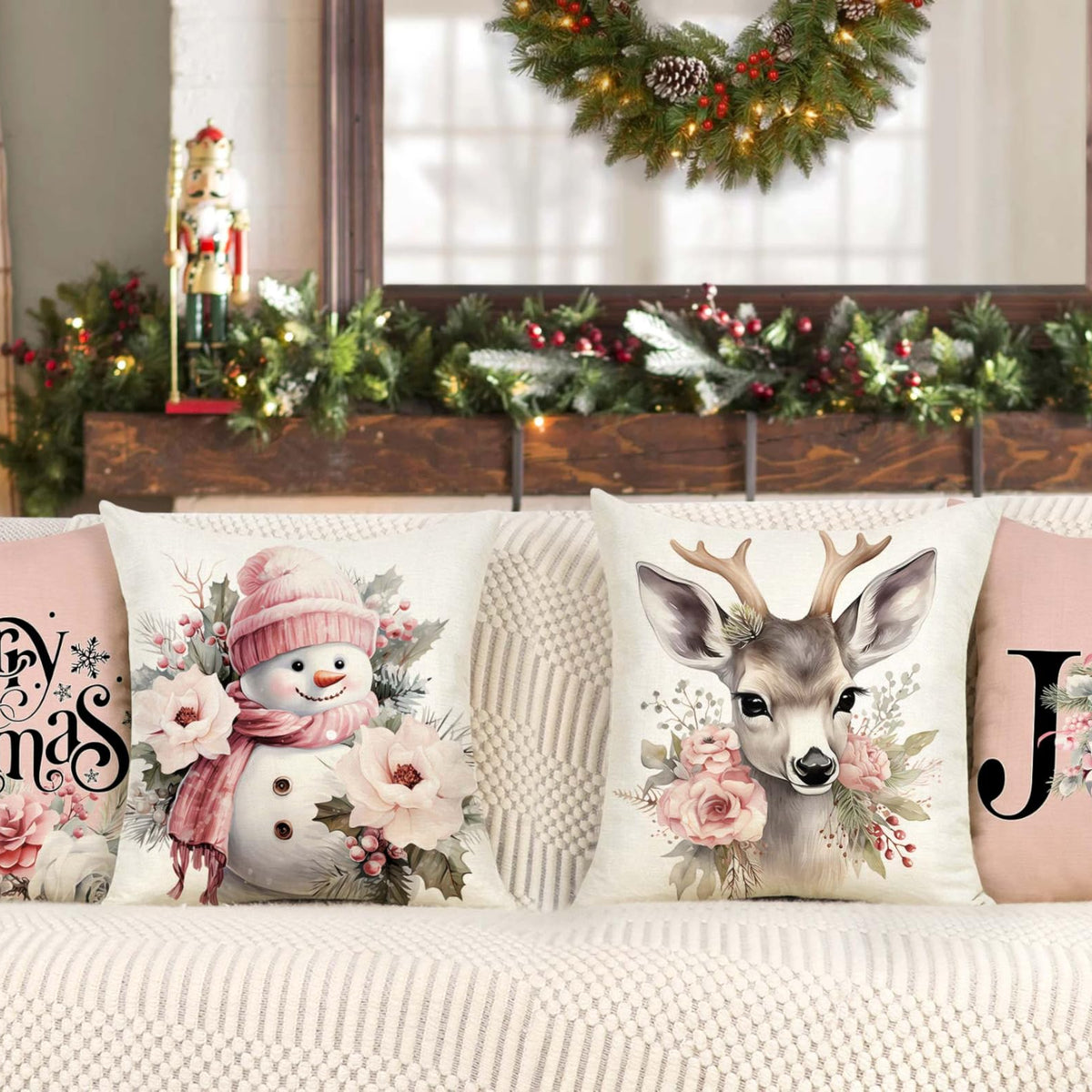 Pink Christmas Pillow Covers 18x18 Set of 4 Farmhouse Xmas Decorations Snowman Deer Joy Floral