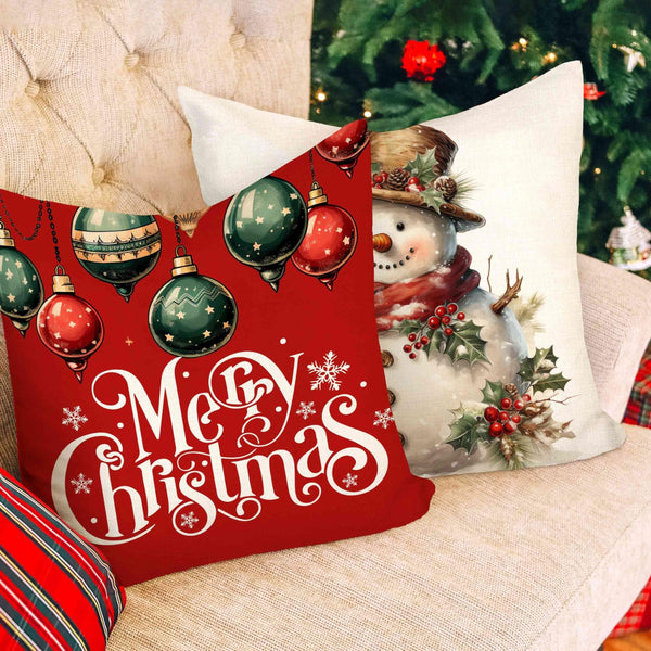 Christmas Pillow Covers 18x18 Set of 4 Red White Xmas Decorations Snowman Deer Joy Winter Holiday Decor