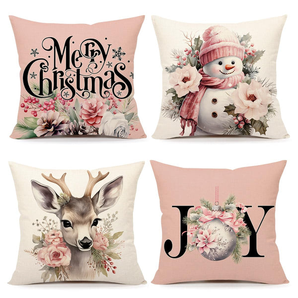 Pink Christmas Pillow Covers 18x18 Set of 4 Farmhouse Xmas Decorations Snowman Deer Joy Floral