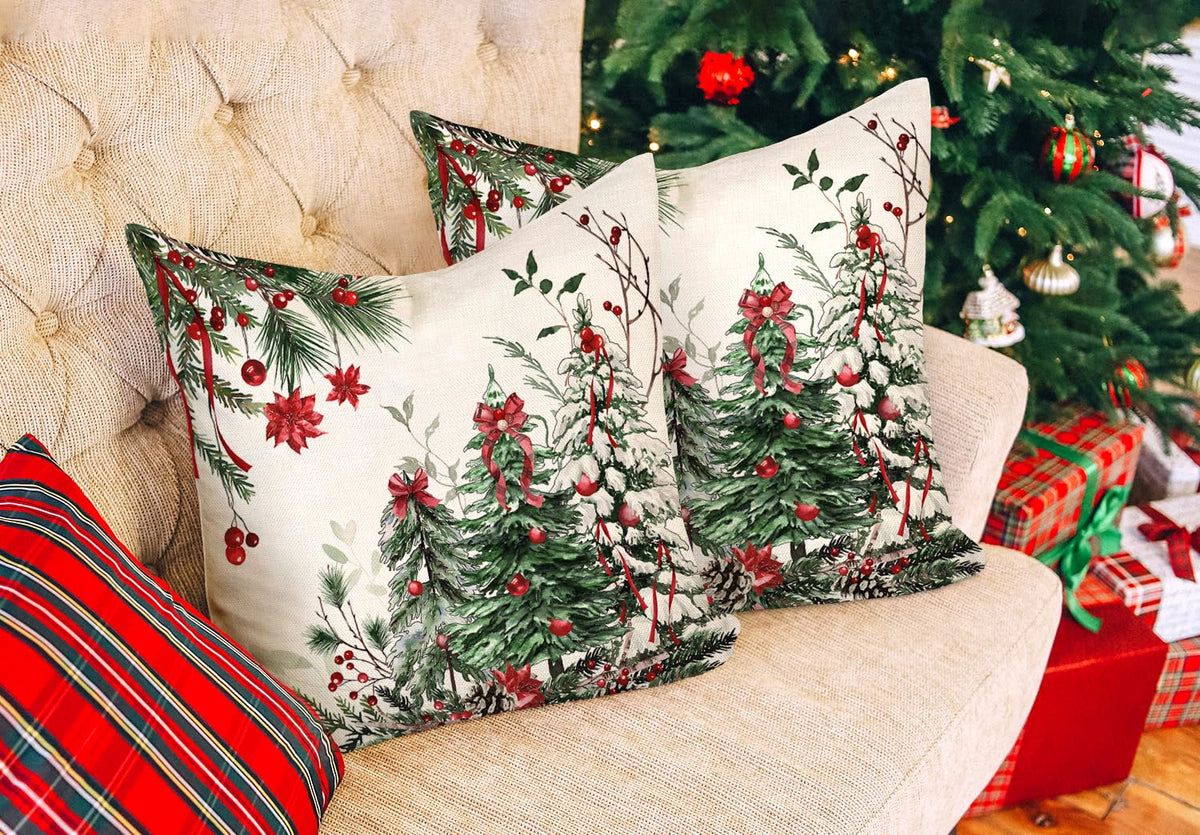 Christmas Trees Pillow Covers 18x18 Inch Set of 2, Xmas Tree Farmhouse Decorations Winter Holiday Decor