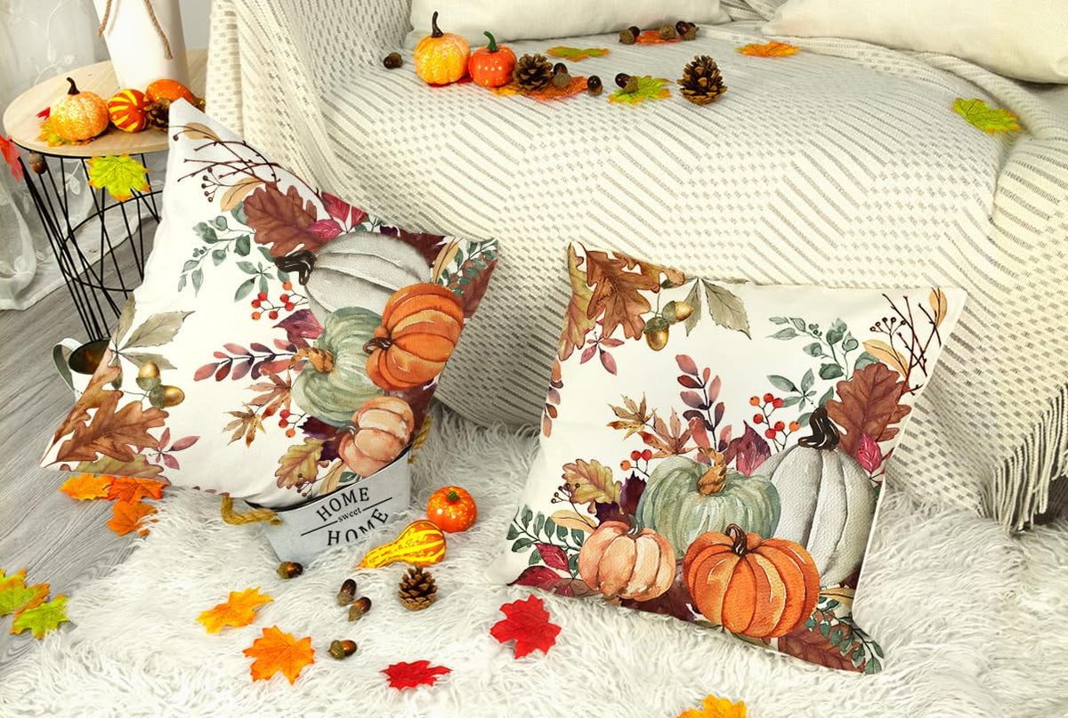 Fall Pumpkin Leaves Throw Pillow Covers 18 x 18 Inch Set of 2