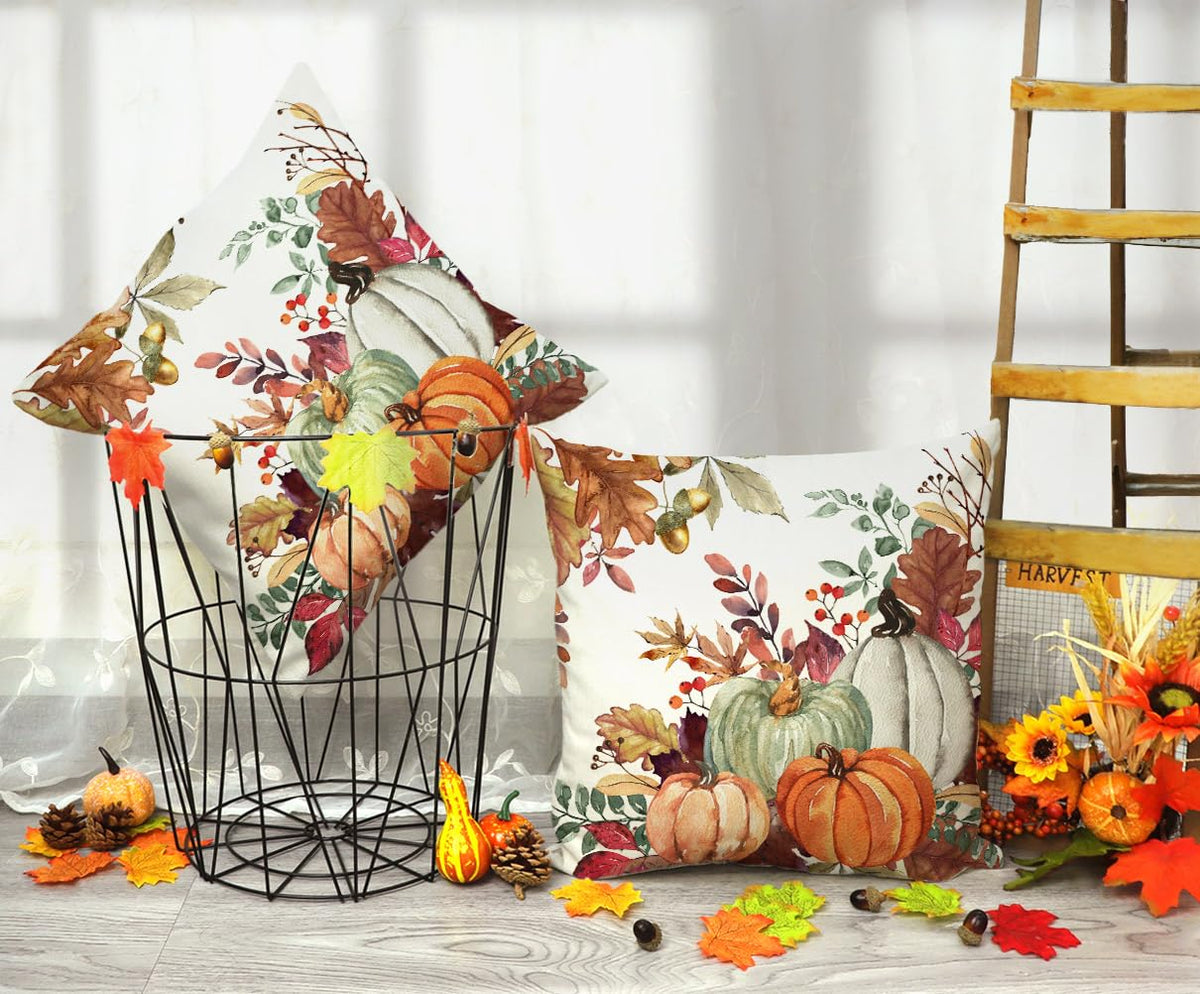 Fall Pumpkin Leaves Throw Pillow Covers 18 x 18 Inch Set of 2