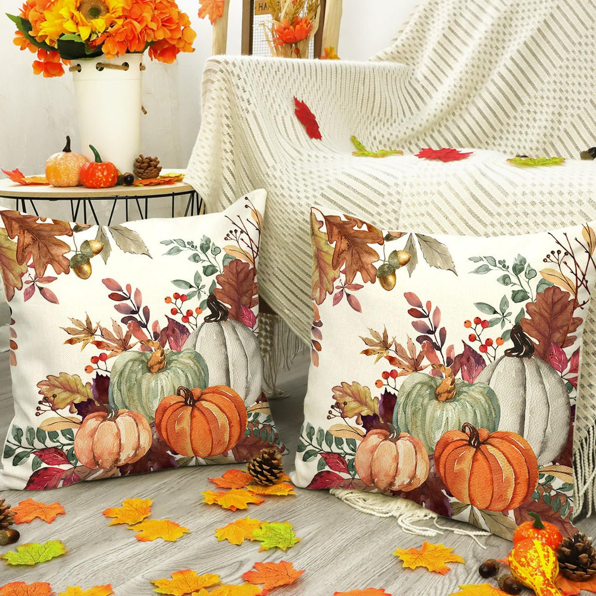 Fall Pumpkin Leaves Throw Pillow Covers 18 x 18 Inch Set of 2