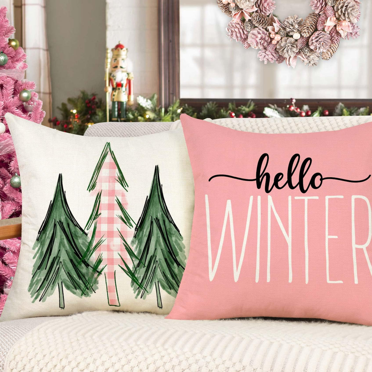 Pink Christmas Pillow Covers 18x18 Set of 4 Farmhouse Christmas Decorations Merry Christmas Tree Truck Hello Winter