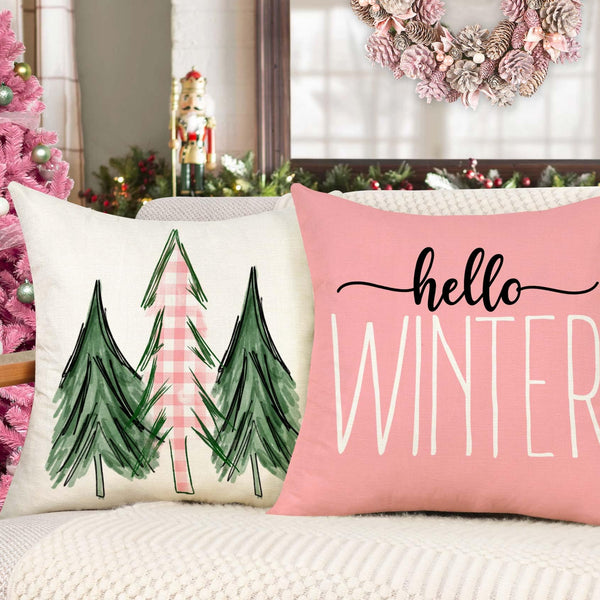 Pink Christmas Pillow Covers 18x18 Set of 4 Farmhouse Christmas Decorations Merry Christmas Tree Truck Hello Winter