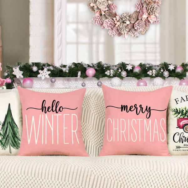 Pink Christmas Pillow Covers 18x18 Set of 4 Farmhouse Christmas Decorations Merry Christmas Tree Truck Hello Winter