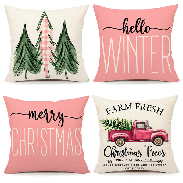 Pink Christmas Pillow Covers 18x18 Set of 4 Farmhouse Christmas Decorations Merry Christmas Tree Truck Hello Winter