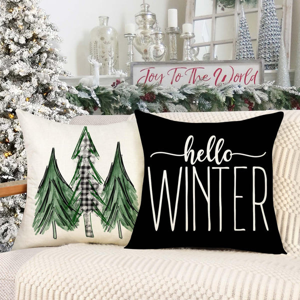 Gray Black Christmas Pillow Covers 18x18 Set of 4 Farmhouse Xmas Decorations Merry Christmas Tree Truck Hello Winter