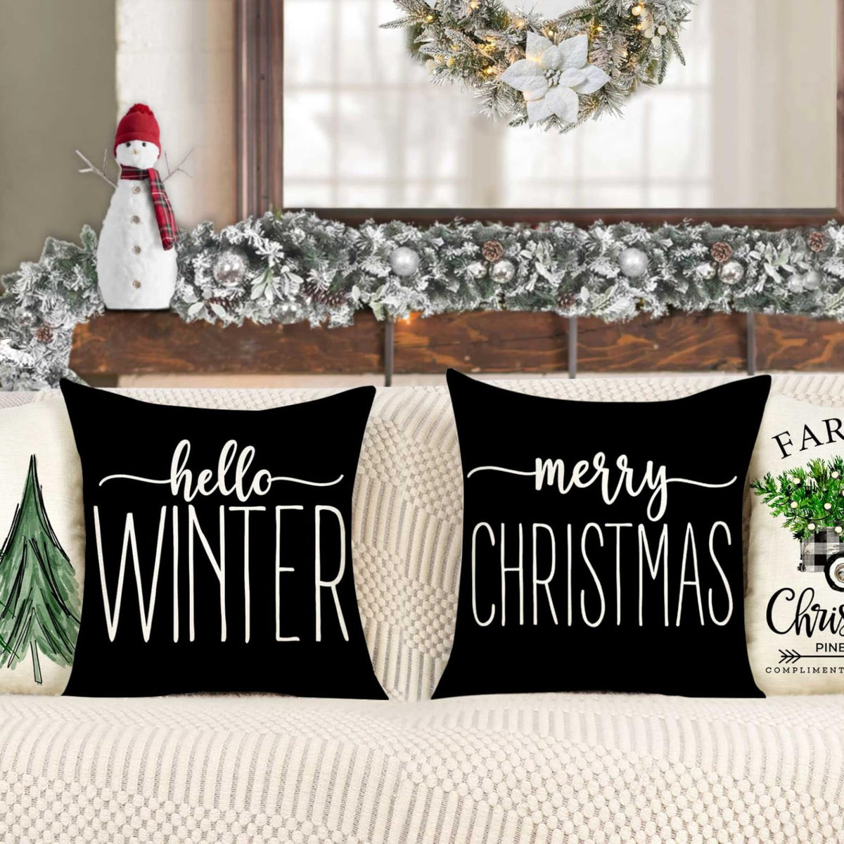 Gray Black Christmas Pillow Covers 18x18 Set of 4 Farmhouse Xmas Decorations Merry Christmas Tree Truck Hello Winter
