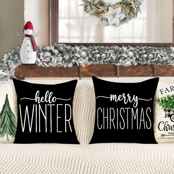 Gray Black Christmas Pillow Covers 18x18 Set of 4 Farmhouse Xmas Decorations Merry Christmas Tree Truck Hello Winter