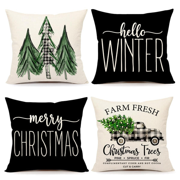 Gray Black Christmas Pillow Covers 18x18 Set of 4 Farmhouse Xmas Decorations Merry Christmas Tree Truck Hello Winter