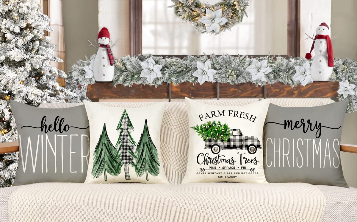 Gray Christmas Pillow Covers 18x18 Set of 4 Farmhouse Xmas Decorations Merry Christmas Tree Truck Hello Winter