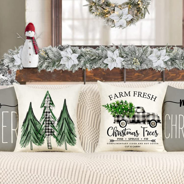 Gray Christmas Pillow Covers 18x18 Set of 4 Farmhouse Xmas Decorations Merry Christmas Tree Truck Hello Winter