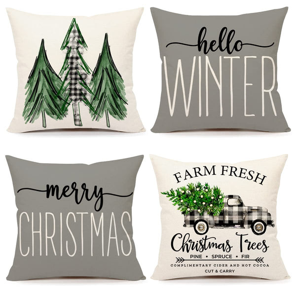 Gray Christmas Pillow Covers 18x18 Set of 4 Farmhouse Xmas Decorations Merry Christmas Tree Truck Hello Winter