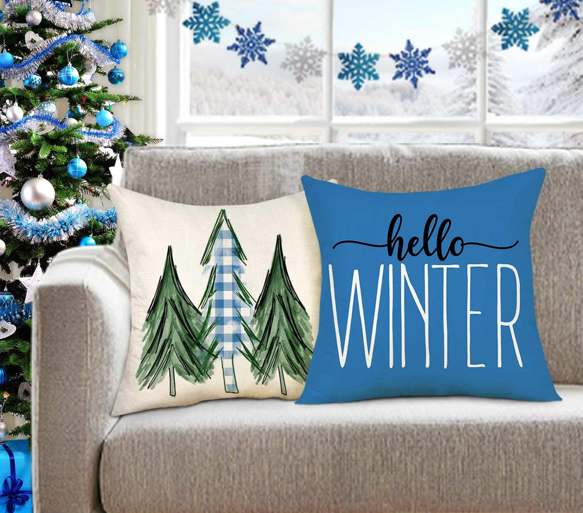 Blue Christmas Pillow Covers 18x18 Set of 4 Farmhouse Xmas Decorations Merry Christmas Tree Truck Hello Winter
