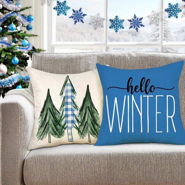 Blue Christmas Pillow Covers 18x18 Set of 4 Farmhouse Xmas Decorations Merry Christmas Tree Truck Hello Winter